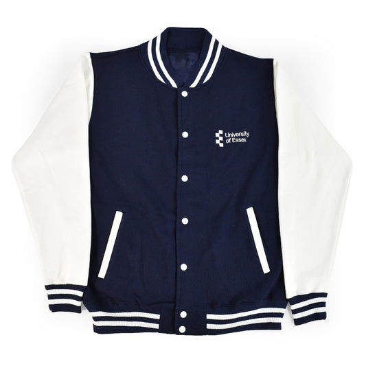 Oxford Navy Body/White Sleeves Varsity Style Jacket with "University of Essex" printed on the left breast