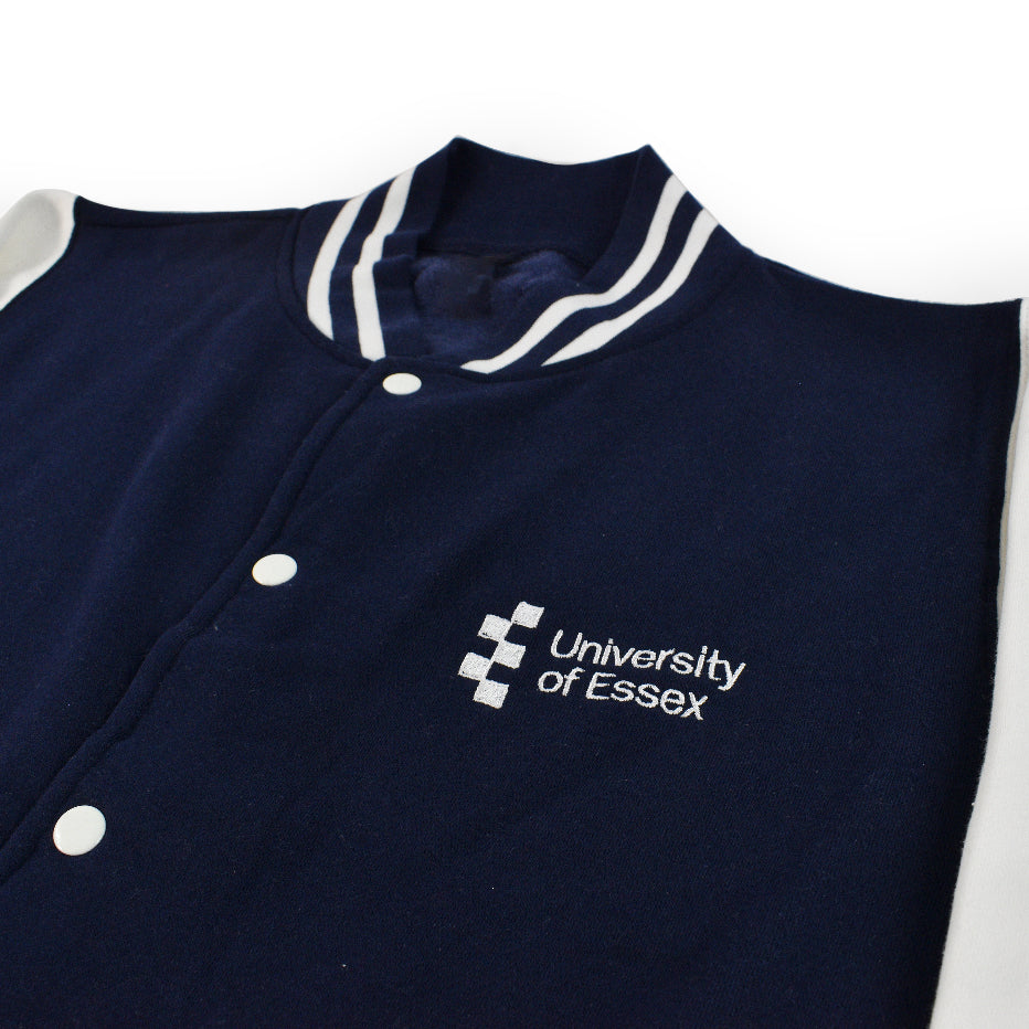 Oxford Navy Body/White Sleeves Varsity Style Jacket with "University of Essex" printed on the left breast, close-up on design