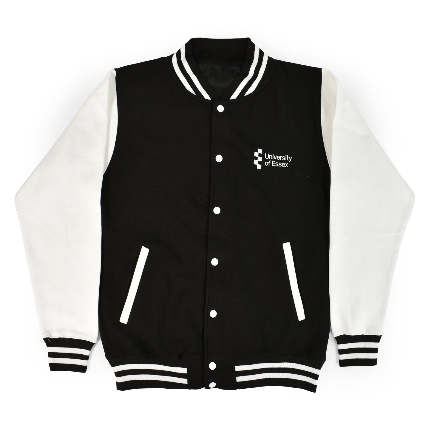 Black body/White Sleeve Varsity Style Jacket, "University of Essex" printed on the left breast